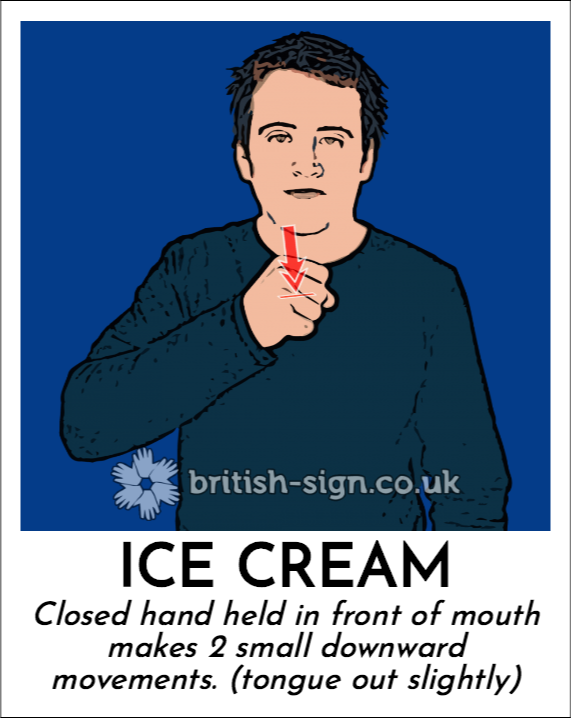 Ice Cream: Closed hand held in front of mouth makes 2 small downward movements. (tongue out slightly)